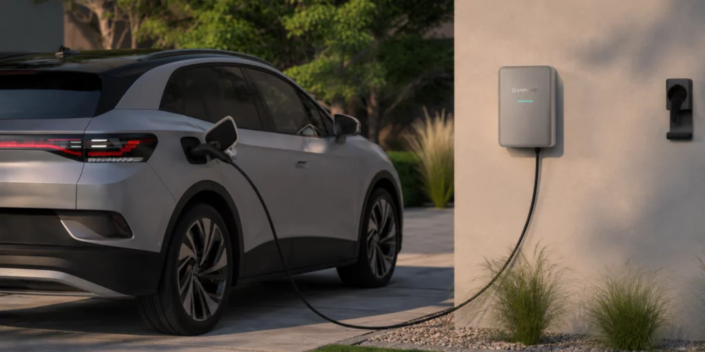 Enphase autolader met installatie voor het slim laden met zonnepanelen en Enphase micro-omvormers.